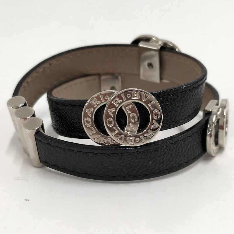 Bvlgari Doppio Tondo Double Coil Bracelet Leather Plated Silver Black