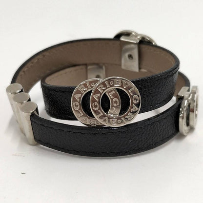 Bvlgari Doppio Tondo Double Coil Bracelet Leather Plated Silver Black