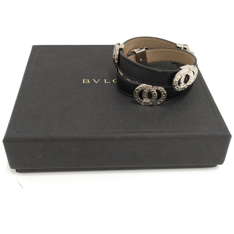 Bvlgari Doppio Tondo Double Coil Bracelet Leather Plated Silver Black