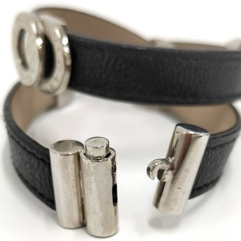 Bvlgari Doppio Tondo Double Coil Bracelet Leather Plated Silver Black