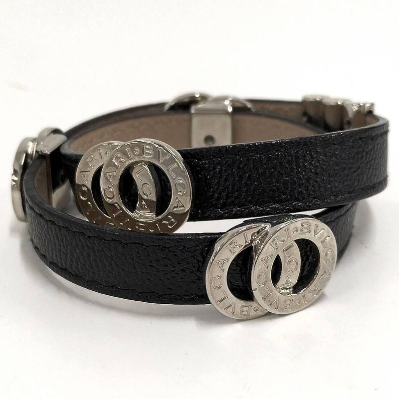 Bvlgari Doppio Tondo Double Coil Bracelet Leather Plated Silver Black