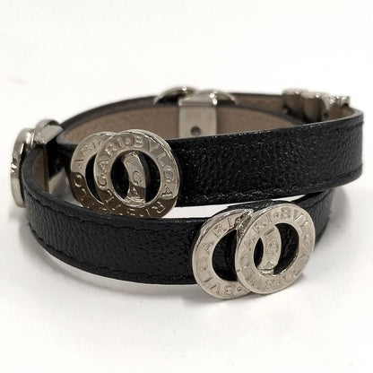 Bvlgari Doppio Tondo Double Coil Bracelet Leather Plated Silver Black