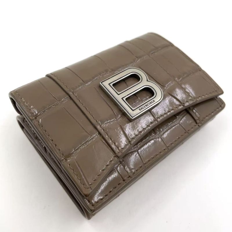 Balenciaga Hourglass Croc Shape Purses Leather Gray Beige Wallet Silver