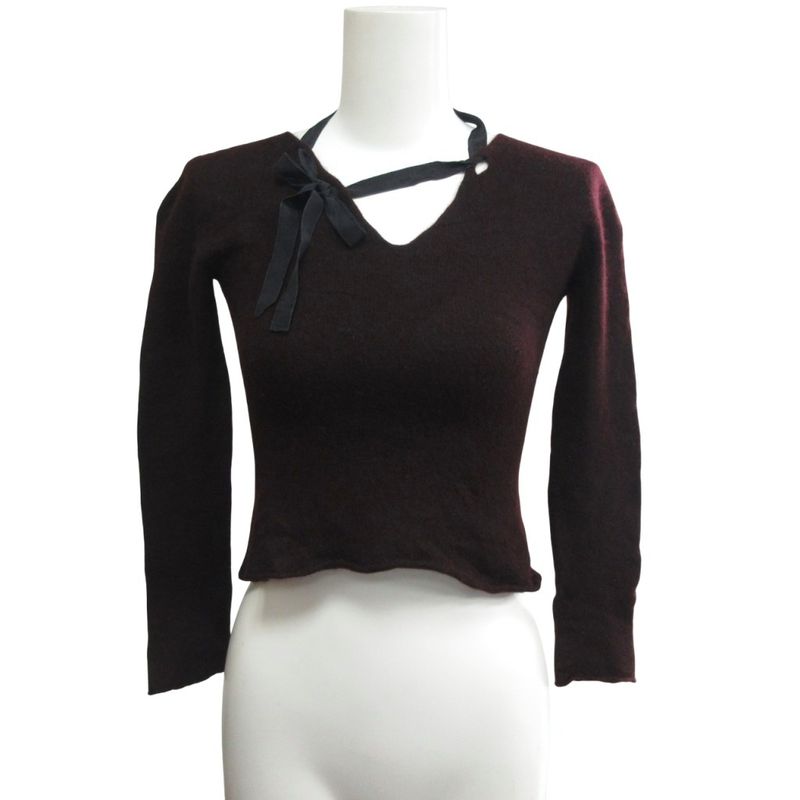 Gucci Cashmere V-neck Short Knit Pullover Sweater Ribbon Long Sleeve Domestic