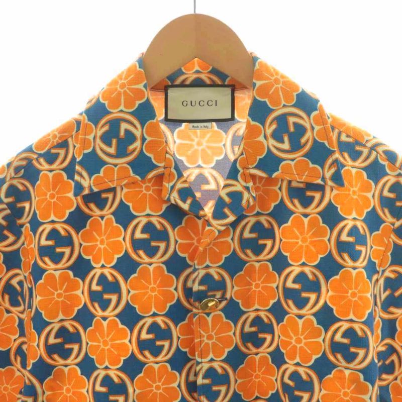 Gucci Aloha Shirt Short Sleeves All-over Floral Pattern Cotton 46 Orange Blue