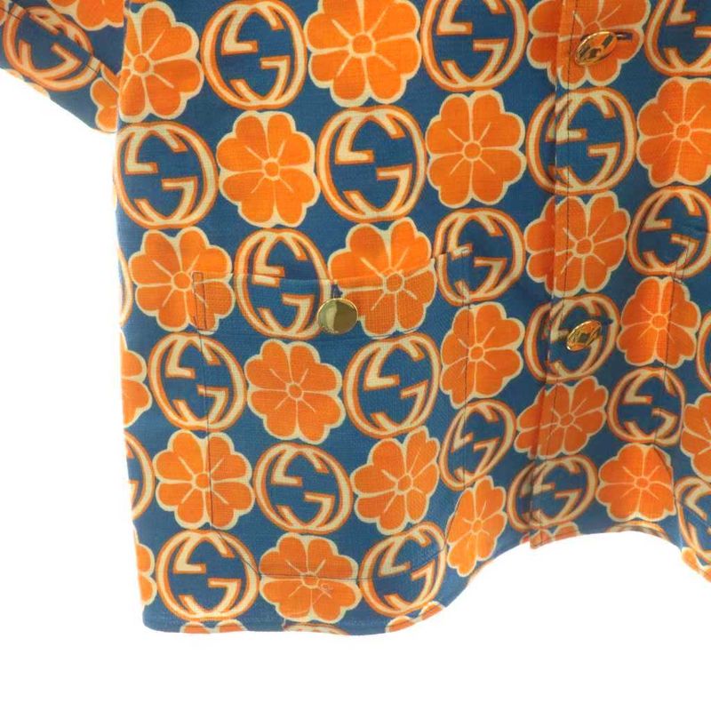 Gucci Aloha Shirt Short Sleeves All-over Floral Pattern Cotton 46 Orange Blue