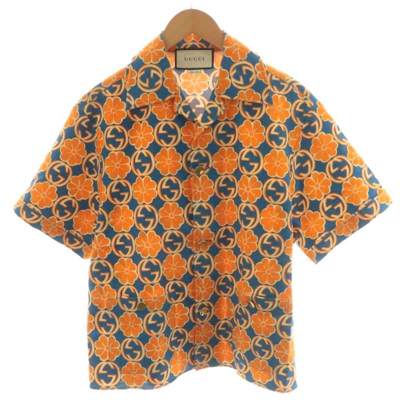 Gucci Aloha Shirt Short Sleeves All-over Floral Pattern Cotton 46 Orange Blue