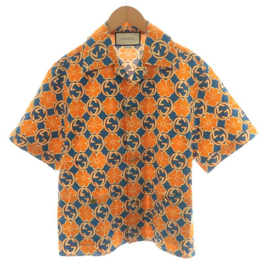 Gucci Aloha Shirt Short Sleeves All-over Floral Pattern Cotton 46 Orange Blue
