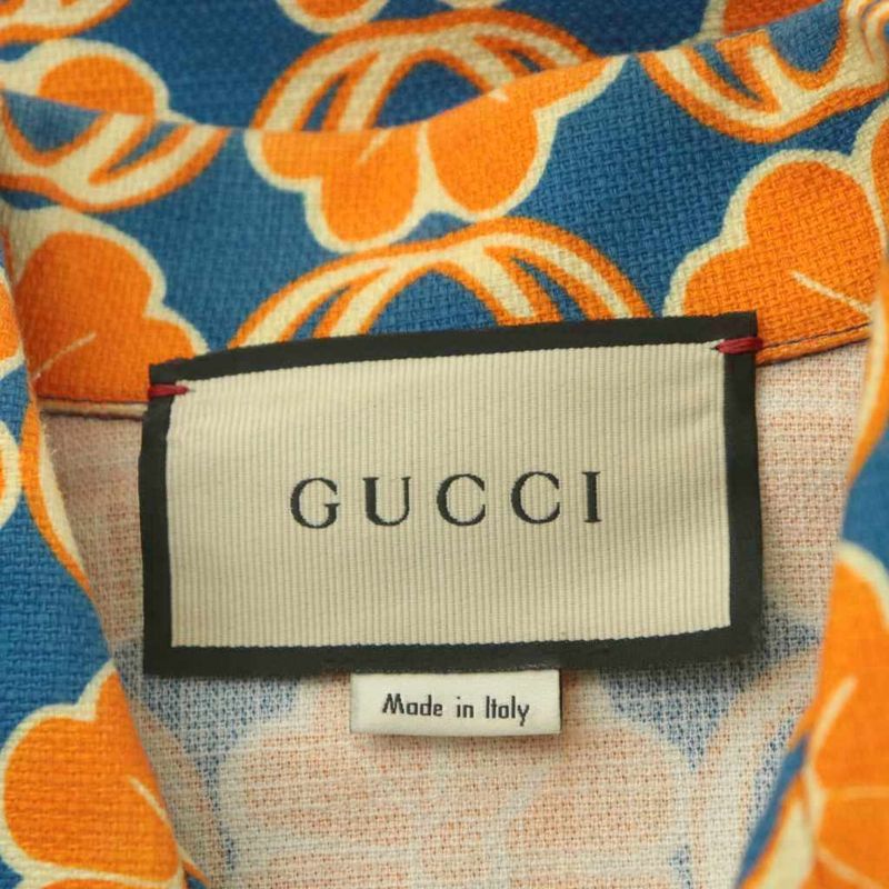 Gucci Aloha Shirt Short Sleeves All-over Floral Pattern Cotton 46 Orange Blue