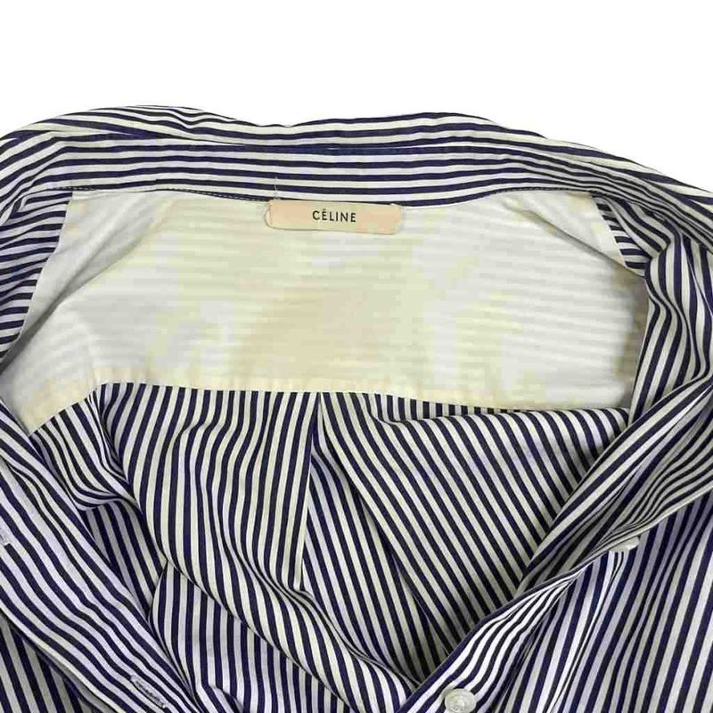 Celine Stripe Shirt Blouse Wing Button Side Slit Long Sleeves 38 Navy Blue Navy