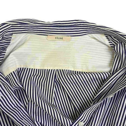 Celine Stripe Shirt Blouse Wing Button Side Slit Long Sleeves 38 Navy Blue Navy