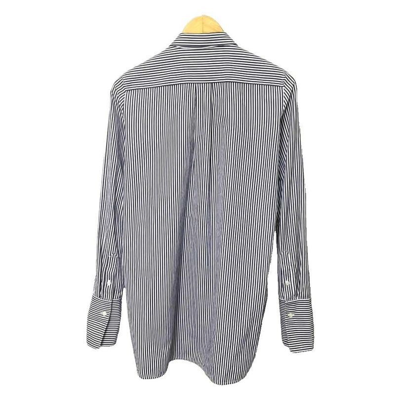 Celine Stripe Shirt Blouse Wing Button Side Slit Long Sleeves 38 Navy Blue Navy