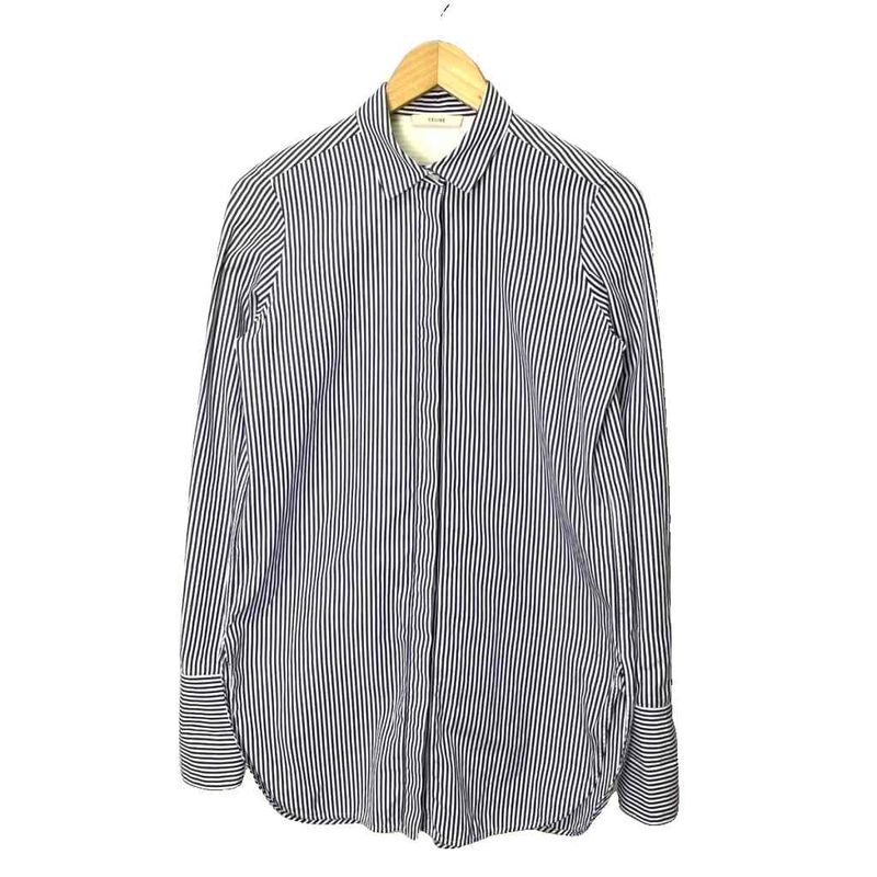 Celine Stripe Shirt Blouse Wing Button Side Slit Long Sleeves 38 Navy Blue Navy