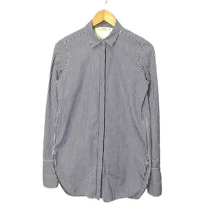 Celine Stripe Shirt Blouse Wing Button Side Slit Long Sleeves 38 Navy Blue Navy