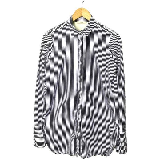 Celine Stripe Shirt Blouse Wing Button Side Slit Long Sleeves 38 Navy Blue Navy