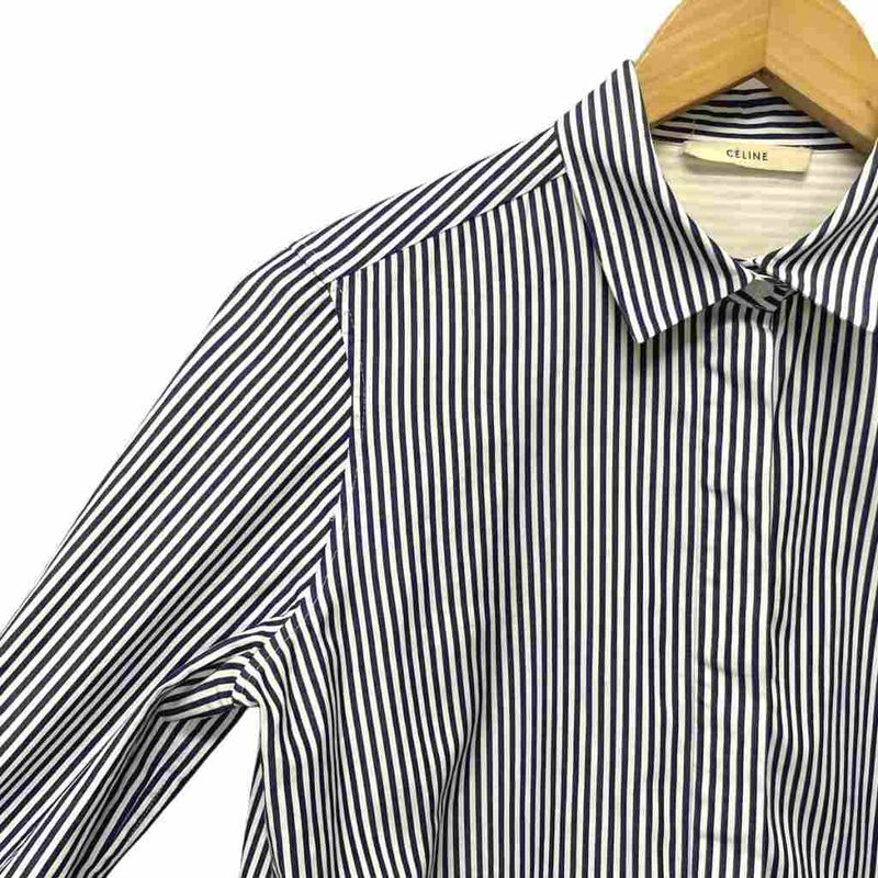 Celine Stripe Shirt Blouse Wing Button Side Slit Long Sleeves 38 Navy Blue Navy