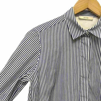 Celine Stripe Shirt Blouse Wing Button Side Slit Long Sleeves 38 Navy Blue Navy