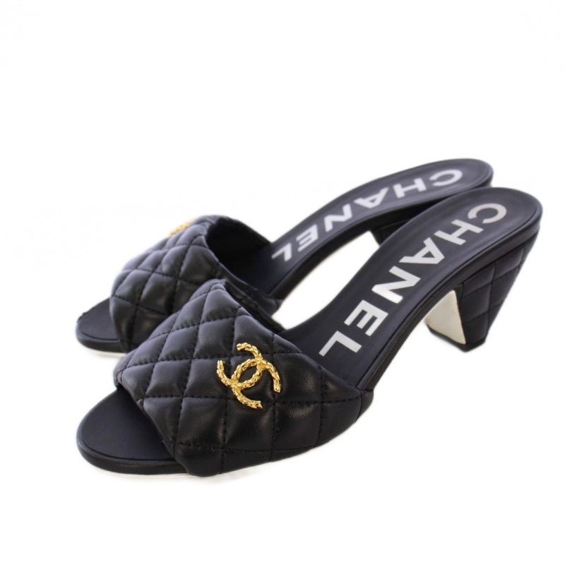 Chanel Coco Mark Matelasse Sandals Mules Leather 35.5c Black G38820 KH