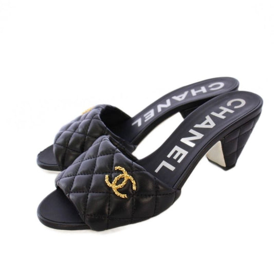 Chanel Coco Mark Matelasse Sandals Mules Leather 35.5c Black G38820 KH