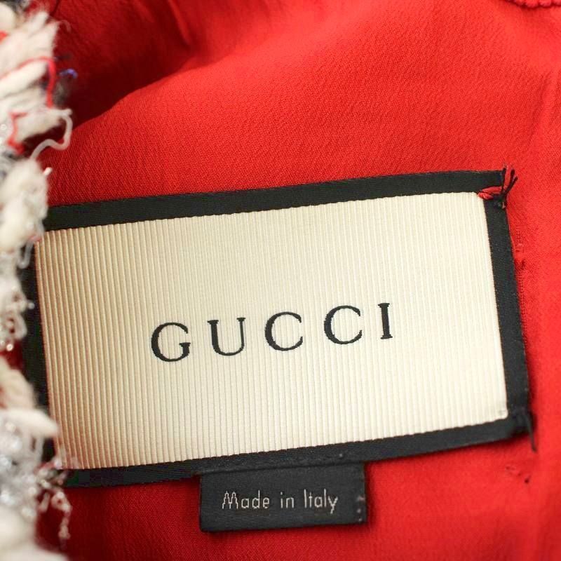 Gucci Sleeveless Tweed Dress Fringe Knee Length Check 36 White Pink 432663 G