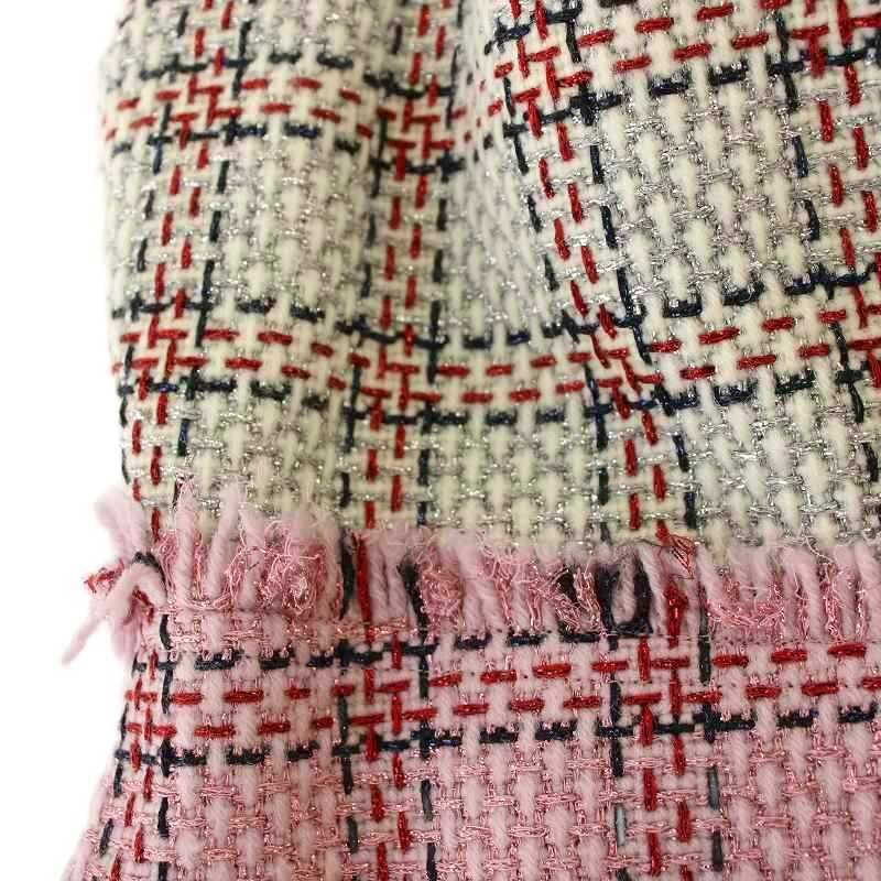 Gucci Sleeveless Tweed Dress Fringe Knee Length Check 36 White Pink 432663 G