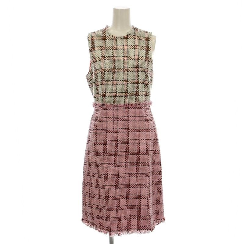 Gucci Sleeveless Tweed Dress Fringe Knee Length Check 36 White Pink 432663 G