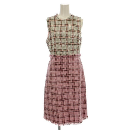 Gucci Sleeveless Tweed Dress Fringe Knee Length Check 36 White Pink 432663 G