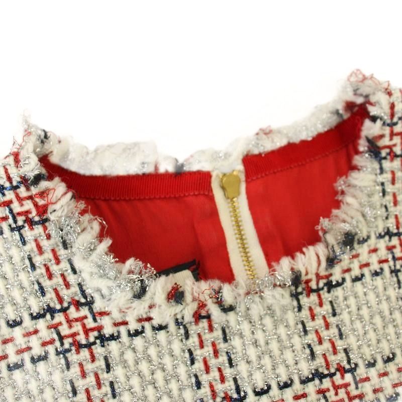 Gucci Sleeveless Tweed Dress Fringe Knee Length Check 36 White Pink 432663 G