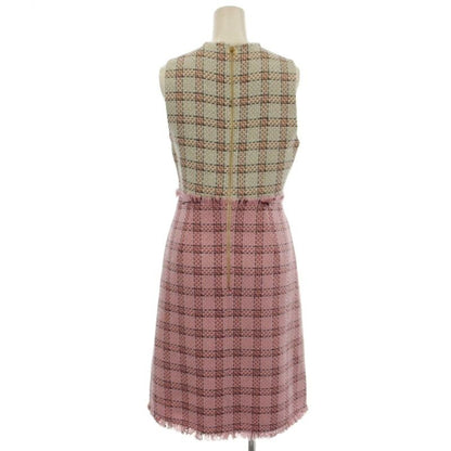 Gucci Sleeveless Tweed Dress Fringe Knee Length Check 36 White Pink 432663 G