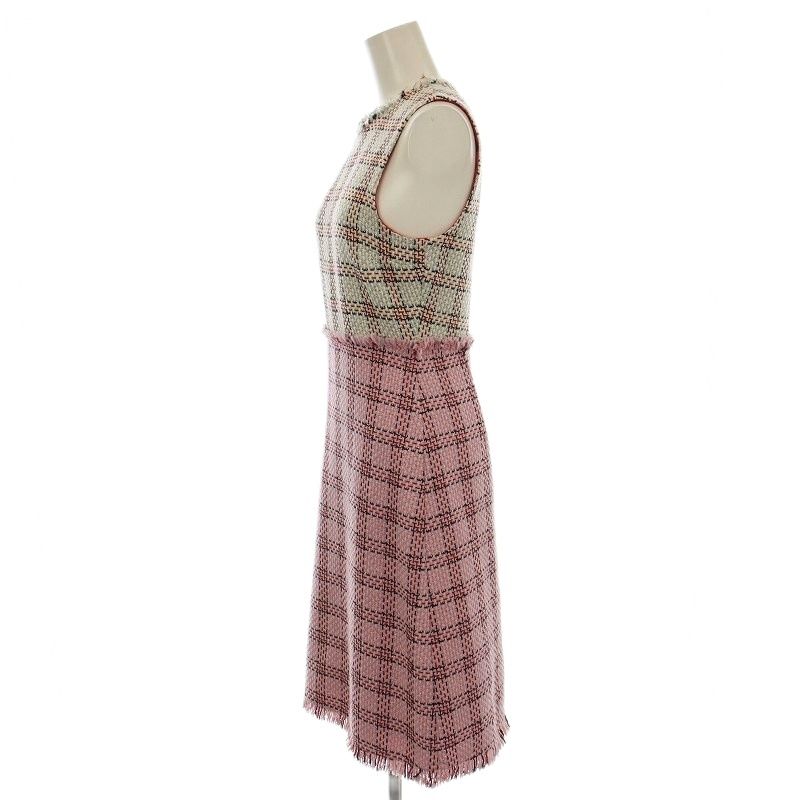 Gucci Sleeveless Tweed Dress Fringe Knee Length Check 36 White Pink 432663 G
