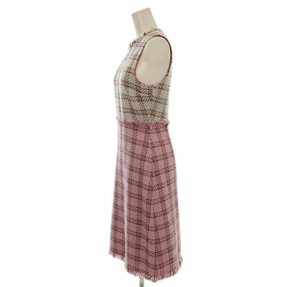 Gucci Sleeveless Tweed Dress Fringe Knee Length Check 36 White Pink 432663 G