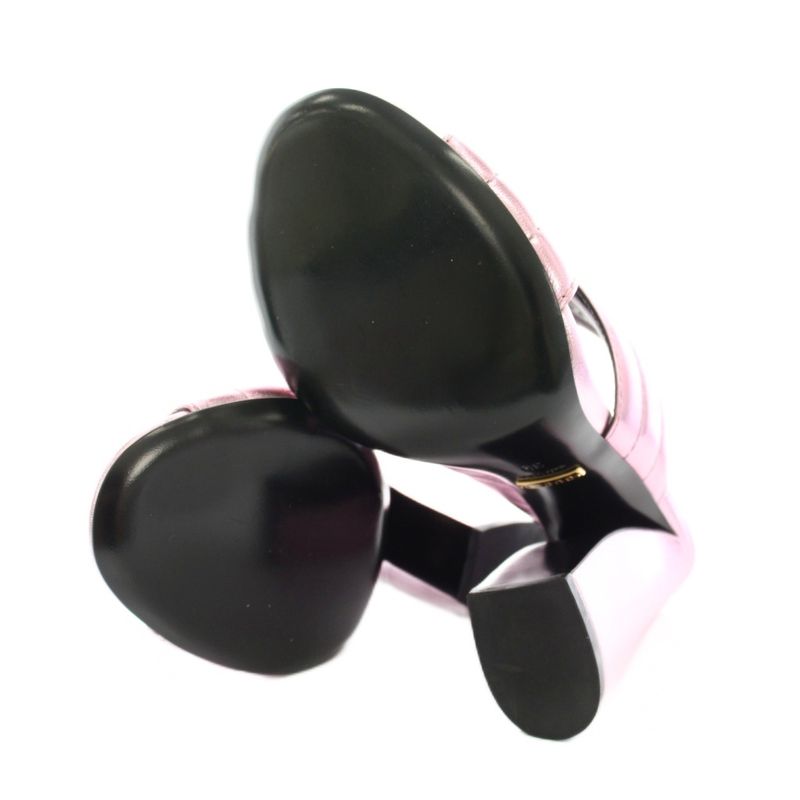 Gucci Silvia Crossover Mule Sandals Twist Leather Chunky Heel 38 Metallic Pink