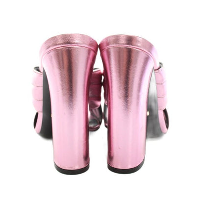 Gucci Silvia Crossover Mule Sandals Twist Leather Chunky Heel 38 Metallic Pink