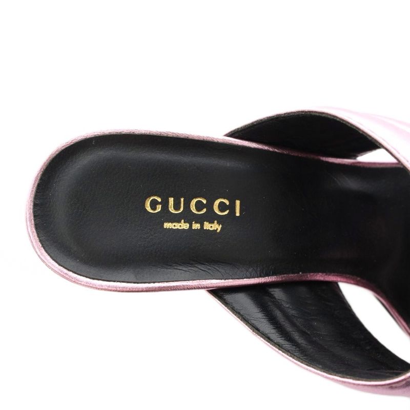 Gucci Silvia Crossover Mule Sandals Twist Leather Chunky Heel 38 Metallic Pink