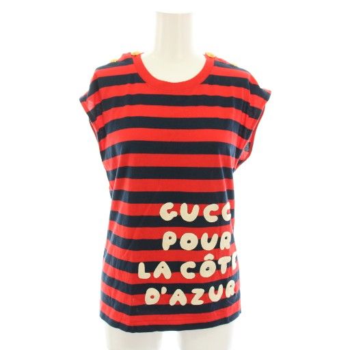 Gucci Cut And Sewn Blouse Short Sleeves French Sleeves Striped Pattern Logo
