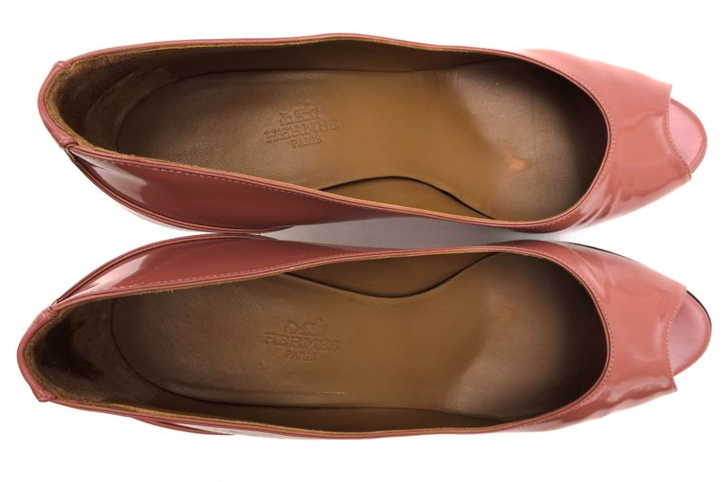 Hermes Pumps Shoes Women Enamel Patent Leather Genuine Leather Pink Open Toe