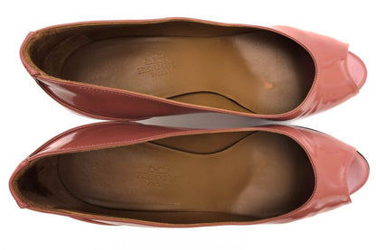Hermes Pumps Shoes Women Enamel Patent Leather Genuine Leather Pink Open Toe