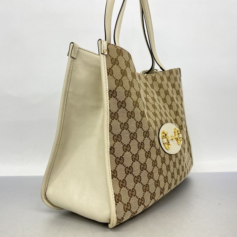Gucci Tote Bag GG Canvas Horsebit 623694 Canvas Brown White Gold Hardware