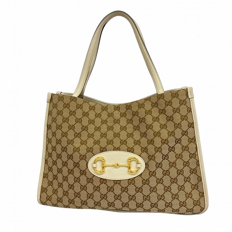 Gucci Tote Bag GG Canvas Horsebit 623694 Canvas Brown White Gold Hardware