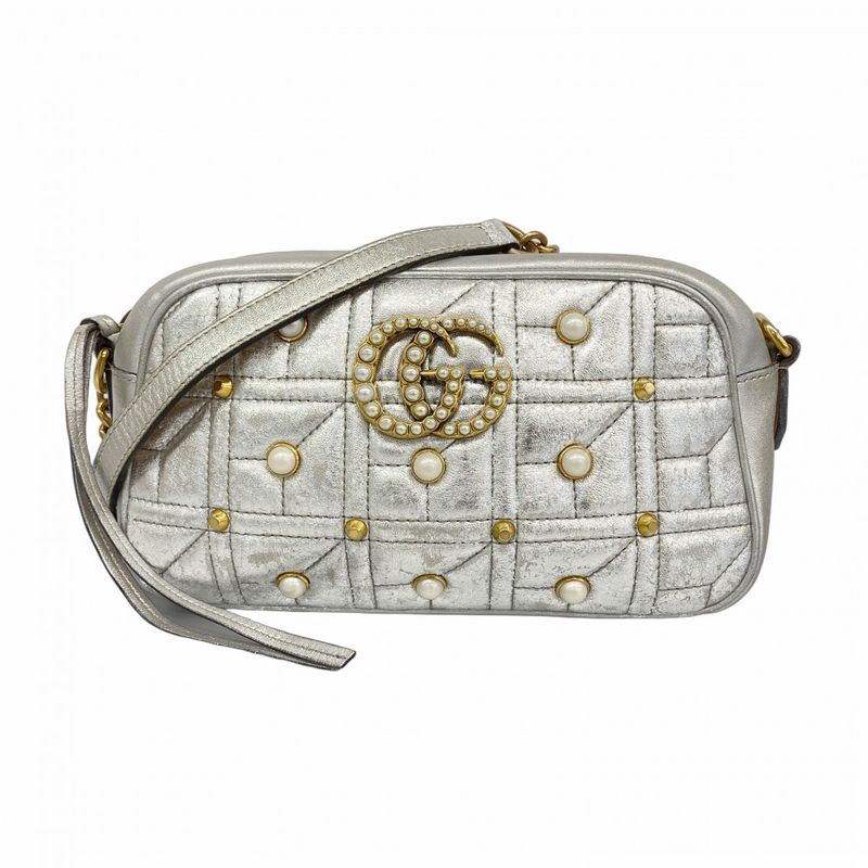Gucci Shoulder Bag GG Marmont 447632 Leather Silver Gold Hardware Women