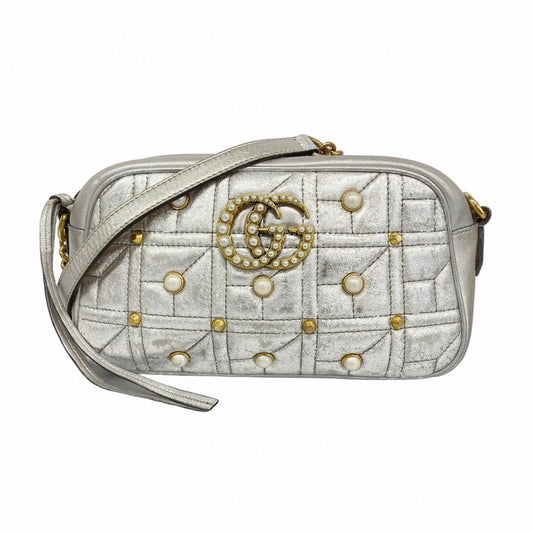 Gucci Shoulder Bag GG Marmont 447632 Leather Silver Gold Hardware Women