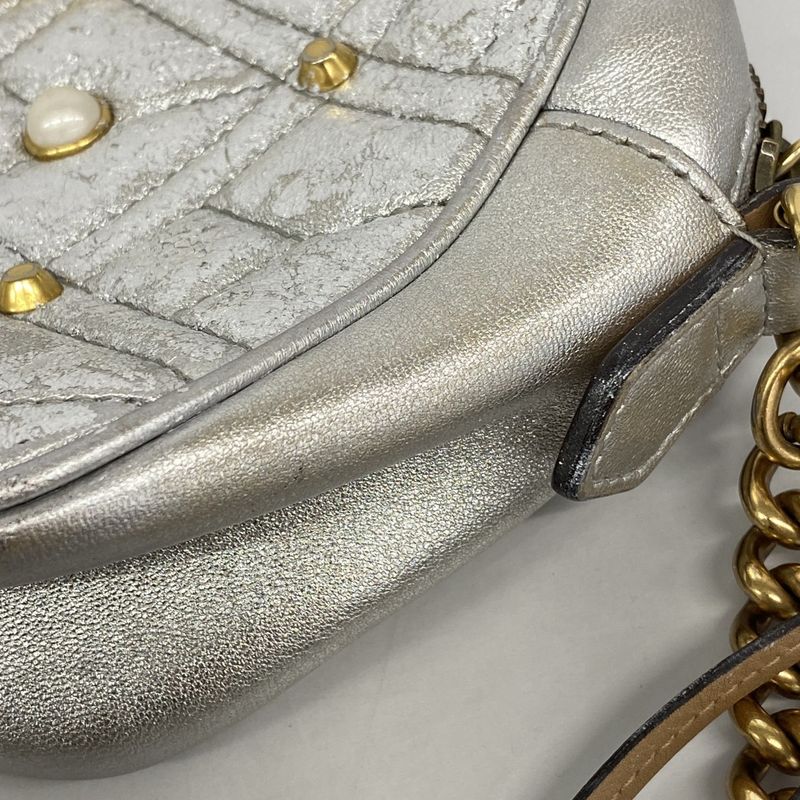 Gucci Shoulder Bag GG Marmont 447632 Leather Silver Gold Hardware Women