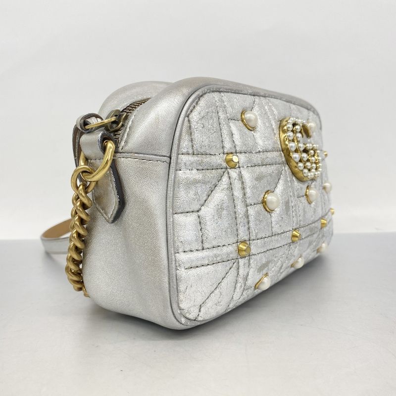 Gucci Shoulder Bag GG Marmont 447632 Leather Silver Gold Hardware Women