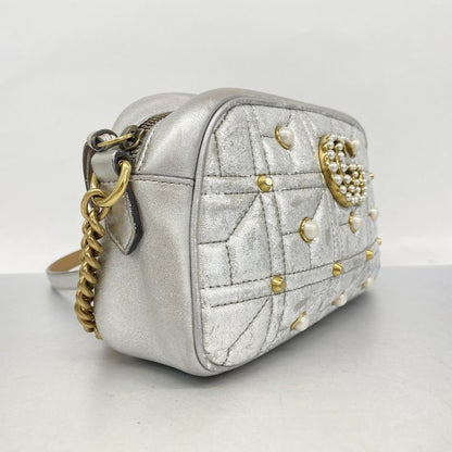 Gucci Shoulder Bag GG Marmont 447632 Leather Silver Gold Hardware Women