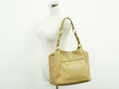 Authentic Prada Leather Shoulder Bag Beige Bag Pre-owned [follow-up Discount
