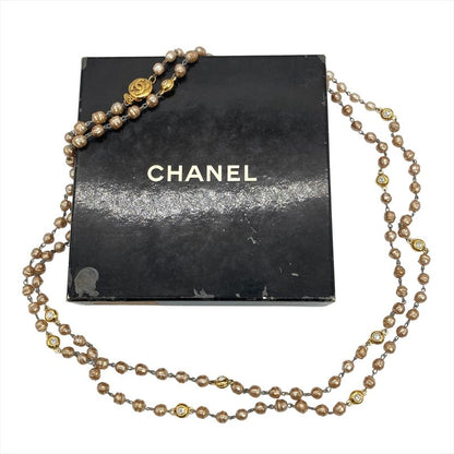 Chanel Vintage Long Necklace Metal Faux Pearl Rhinestone 184cm (7244in) Gold