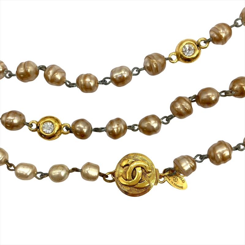 Chanel Vintage Long Necklace Metal Faux Pearl Rhinestone 184cm (7244in) Gold