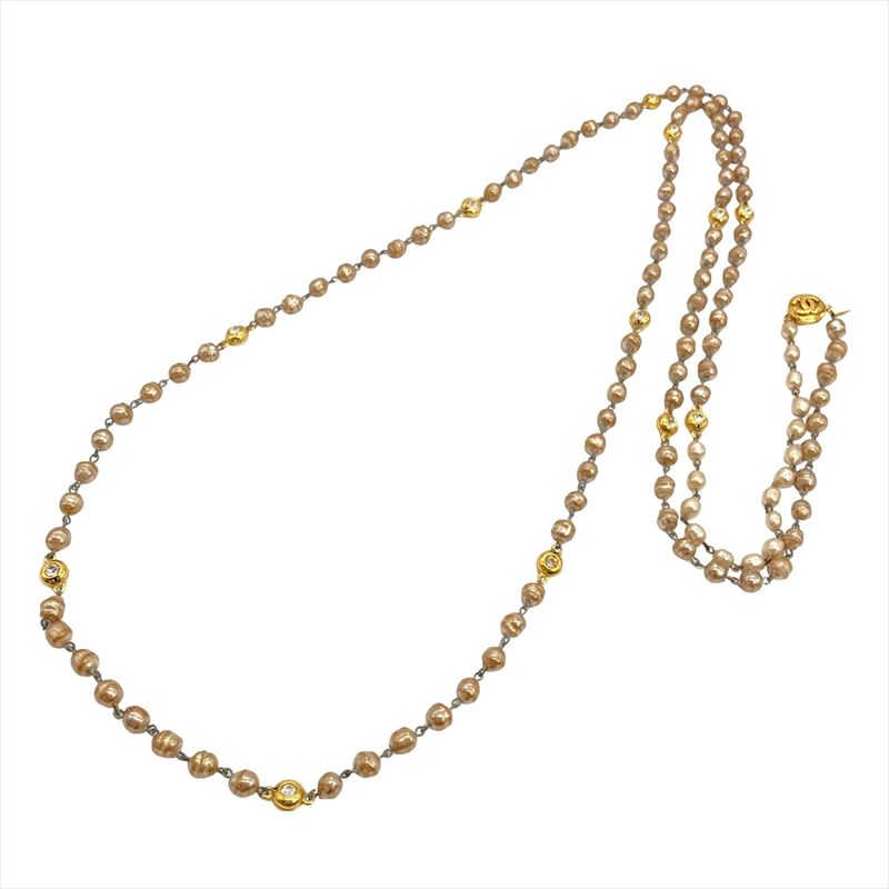 Chanel Vintage Long Necklace Metal Faux Pearl Rhinestone 184cm (7244in) Gold