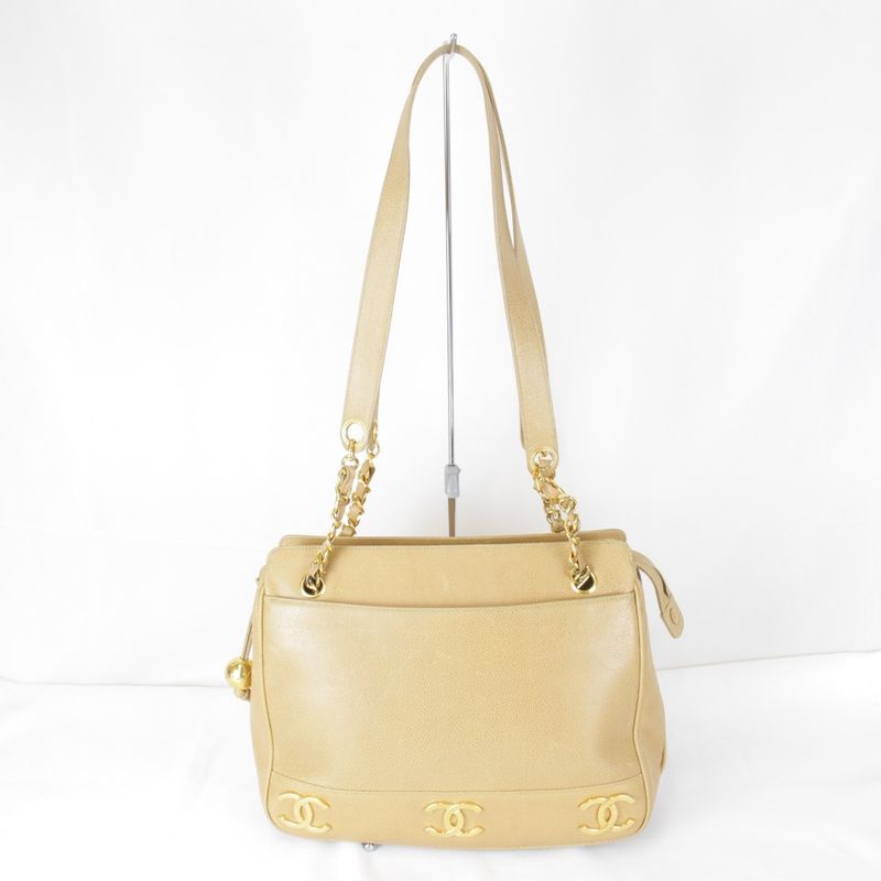 USED Chanel Triple Coco Chain Shoulder Bag Seal #3 Caviar Skin Beige Ladies