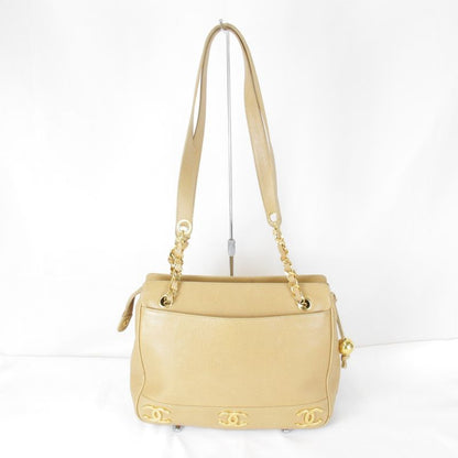 USED Chanel Triple Coco Chain Shoulder Bag Seal #3 Caviar Skin Beige Ladies